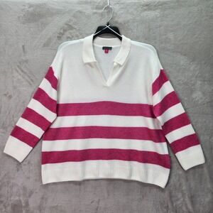 Vince Camuto Sweater Womens 3X White Pink Stripe Collared V Neck Knit Top Career